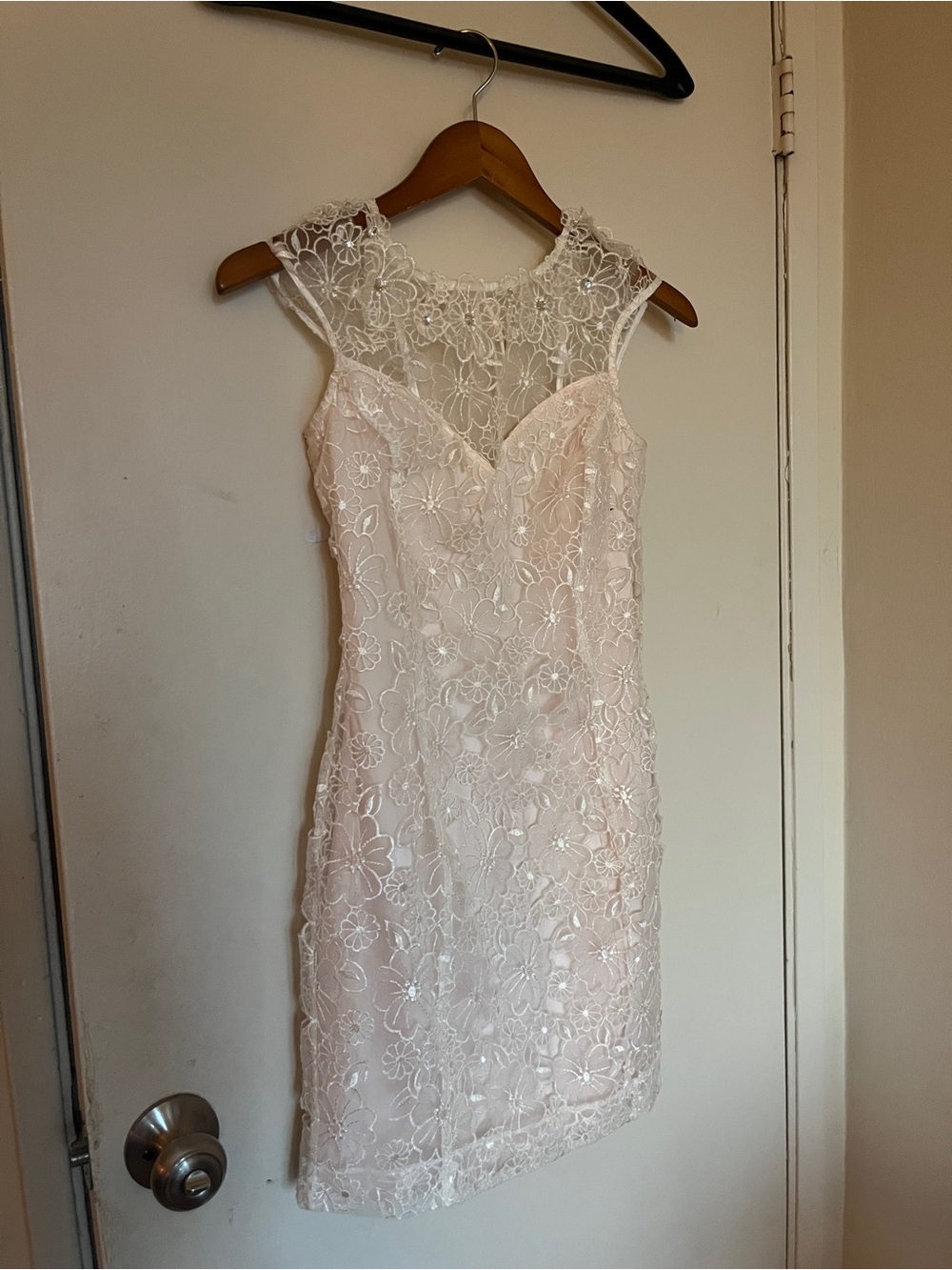 Women's Lace Illusion Yoke Sheath Dress in Blush